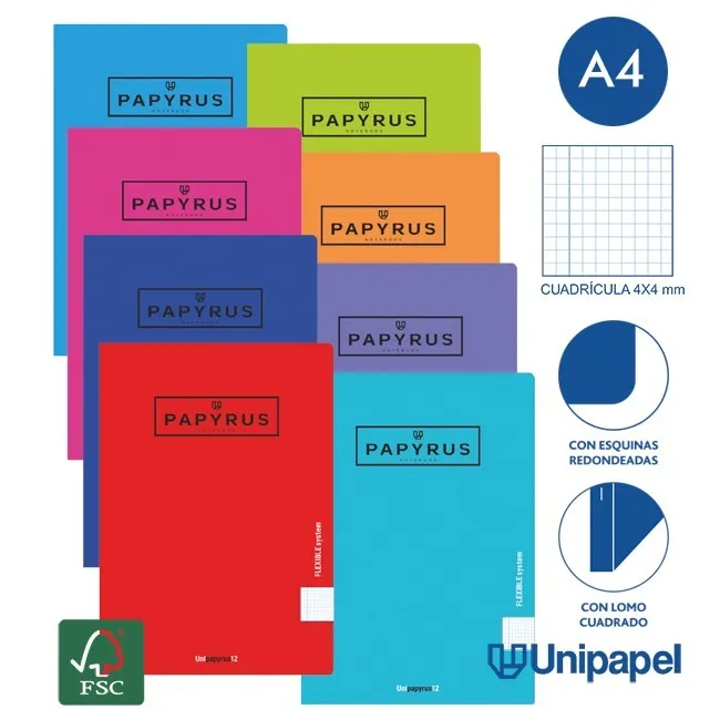 LIBRETAS GRAPA TAPA POLIPROPILENO PAPYRUS - A4 - 48H - CUADRÍCULA 4X4 - 90G - COLORES SURTIDOS