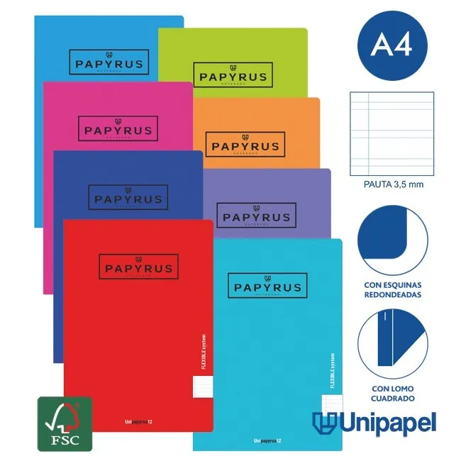 LIBRETAS GRAPA TAPA POLIPROPILENO PAPYRUS - A4 - 48H - PAUTA 3,5MM - 90G - COLORES SURTIDOS