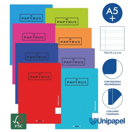 LIBRETAS GRAPA TAPA POLIPROPILENO PAPYRUS - A5+ - 48H - PAUTA 2,5MM - 90G - COLORES SURTIDOS