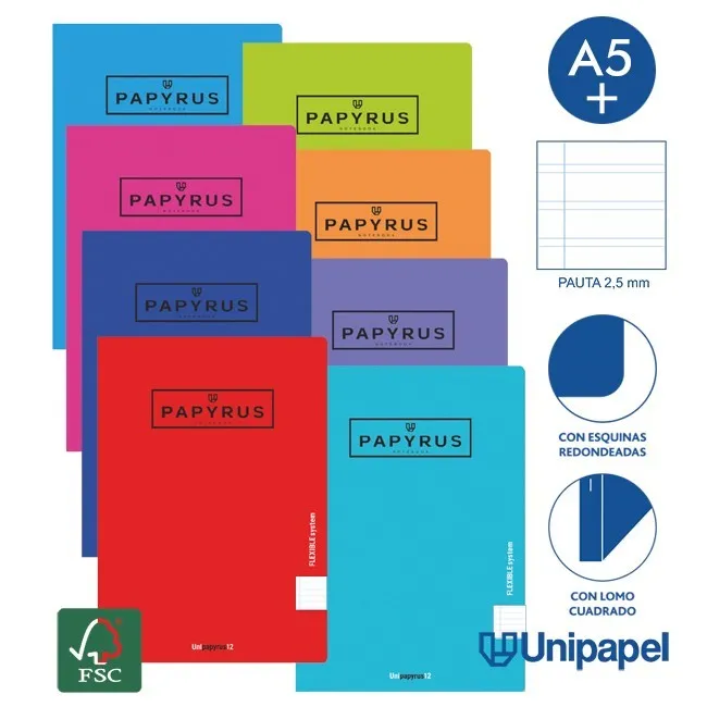 LIBRETAS GRAPA TAPA POLIPROPILENO PAPYRUS - A5+ - 48H - PAUTA 2,5MM - 90G - COLORES SURTIDOS