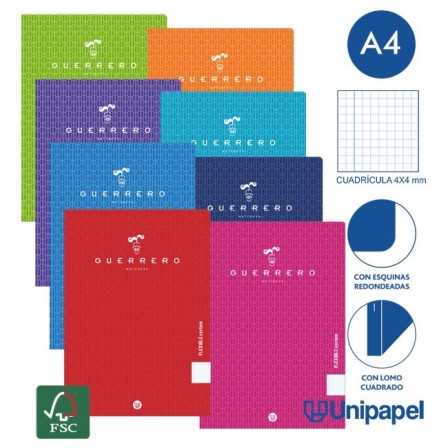 LIBRETAS GRAPA TAPA POLIPROPILENO GUERRERO - A5+ - 48H - CUADRÍCULA 4X4 - 90G - COLORES SURTIDOS