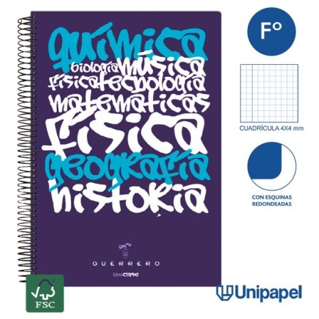 CUADERNO ESPIRAL TAPA POLIPROPILENO GUERRERO 08 - UNICLASE -  FOLIO 80H - CUADRÍCULA 4X4 - 90G -  COLORES SURTIDOS