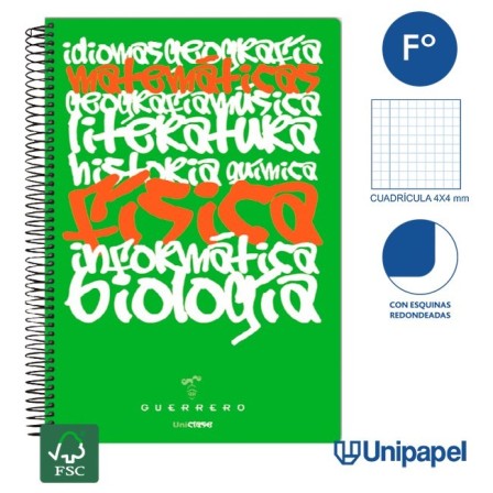 CUADERNO ESPIRAL TAPA POLIPROPILENO GUERRERO 08 - UNICLASE -  FOLIO 80H - CUADRÍCULA 4X4 - 90G -  COLORES SURTIDOS