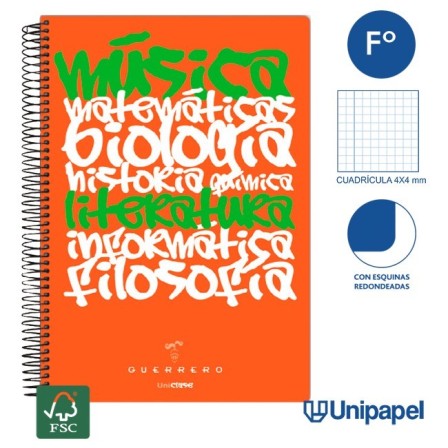 CUADERNO ESPIRAL TAPA POLIPROPILENO GUERRERO 08 - UNICLASE -  FOLIO 80H - CUADRÍCULA 4X4 - 90G -  COLORES SURTIDOS