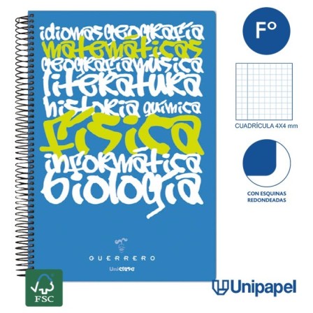 CUADERNO ESPIRAL TAPA POLIPROPILENO GUERRERO 08 - UNICLASE -  FOLIO 80H - CUADRÍCULA 4X4 - 90G -  COLORES SURTIDOS