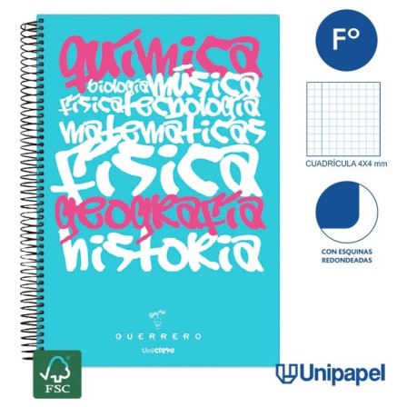 CUADERNO ESPIRAL TAPA POLIPROPILENO GUERRERO 08 - UNICLASE -  FOLIO 80H - CUADRÍCULA 4X4 - 90G -  COLORES SURTIDOS
