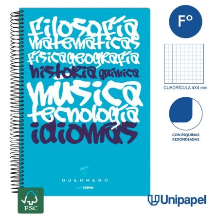 CUADERNO ESPIRAL TAPA POLIPROPILENO GUERRERO 08 - UNICLASE -  FOLIO 80H - 1 LINEA - 90G - CUADRÍCULA 4X4 COLORES SURTIDOS