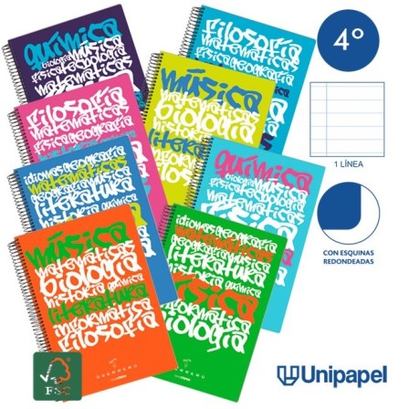 CUADERNO ESPIRAL TAPA POLIPROPILENO GUERRERO 08 - UNICLASE - CUARTO - 1 LINEA - 90G - 1 LINEA COLORES SURTIDOS