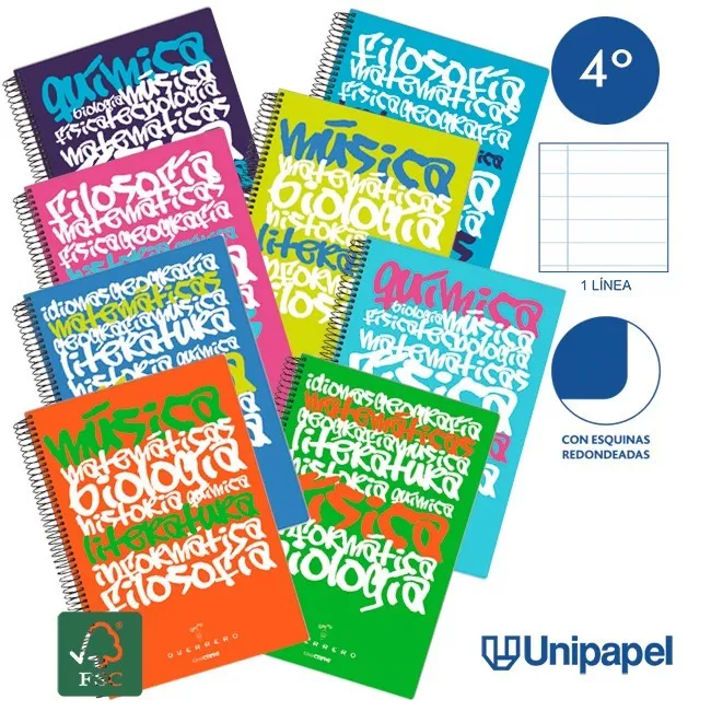 CUADERNO ESPIRAL TAPA POLIPROPILENO GUERRERO 08 - UNICLASE - CUARTO - 1 LINEA - 90G - 1 LINEA COLORES SURTIDOS
