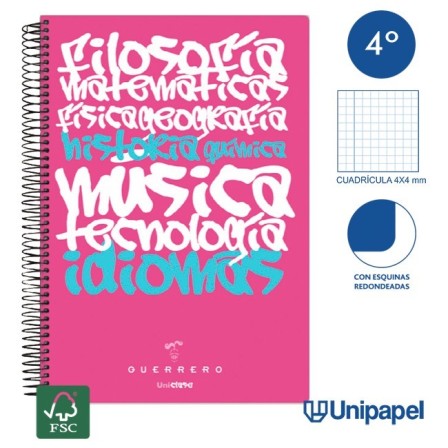 CUADERNO ESPIRAL TAPA POLIPROPILENO GUERRERO 08 - UNICLASE -  CUARTO 80H - CUADRÍCULA 4X4 - 90G -  COLORES SURTIDOS