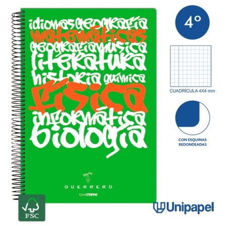 CUADERNO ESPIRAL TAPA POLIPROPILENO GUERRERO 08 - UNICLASE -  CUARTO 80H - CUADRÍCULA 4X4 - 90G -  COLORES SURTIDOS