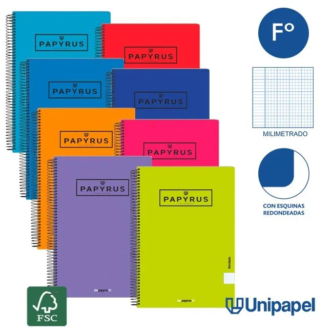 CUADERNO ESPIRAL  TAPA  BLANDA   PAPYRUS01-UNICLASIC - FOLIO - 80H - MILIMETRADO - 90G - COLORES SURTIDOS