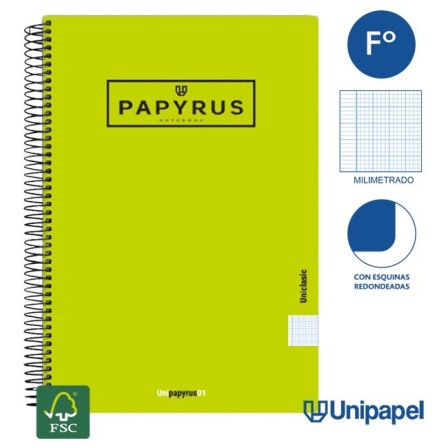 CUADERNO ESPIRAL  TAPA  BLANDA   PAPYRUS01-UNICLASIC - FOLIO - 80H - MILIMETRADO - 90G - COLORES SURTIDOS