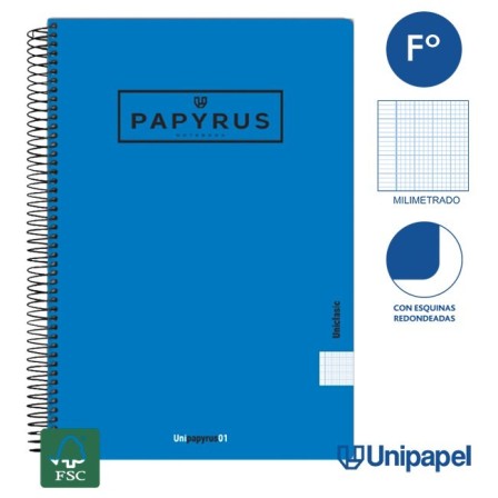 CUADERNO ESPIRAL  TAPA  BLANDA   PAPYRUS01-UNICLASIC - FOLIO - 80H - MILIMETRADO - 90G - COLORES SURTIDOS