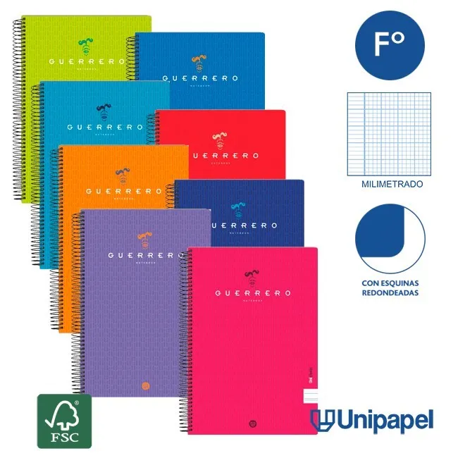 CUADERNO ESPIRAL  TAPA  BLANDA  GUERRERO01-UNICLASIC - FOLIO - 80H - MILIMETRADO - 90G - COLORES SURTIDOS