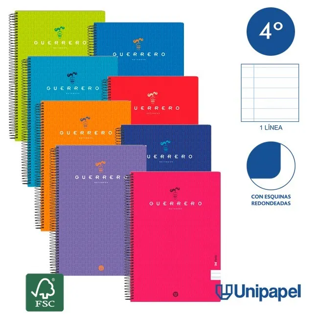 CUADERNO ESPIRAL  TAPA  BLANDA  GUERRERO01-UNICLASIC - CUARTO - 80H - 1 LINEA - 90G - COLORES SURTIDOS