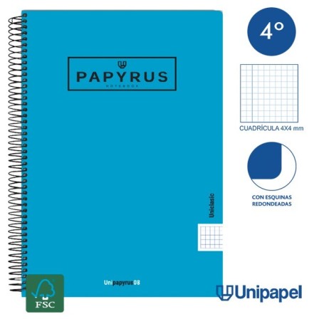 CUADERNO ESPIRAL  TAPA  POLIPROPILENO  PAPYRUS08-UNICLASIC - CUARTO - 80H - CUADRÍCULA 4MM - 90G - COLORES SURTIDOS