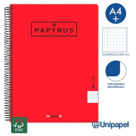 CUADERNO ESPIRAL  TAPA  POLIPROPILENO  PAPYRUS08-UNICOLOR5 - A4+ - 120H - CUADRÍCULA 5MM - 90G - COLORES SURTIDOS