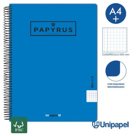 CUADERNO ESPIRAL  TAPA  POLIPROPILENO  PAPYRUS08-UNICOLOR5 - A4+ - 120H - CUADRÍCULA 5MM - 90G - COLORES SURTIDOS