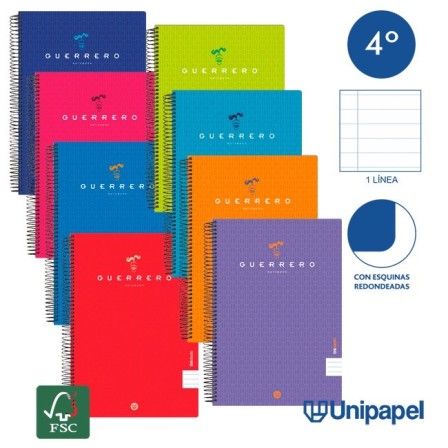 CUADERNO ESPIRAL  TAPA  POLIPROPILENO GUERRERO08-UNICLASIC - CUARTO - 80H - 1 LINEA - 90G - COLORES SURTIDOS