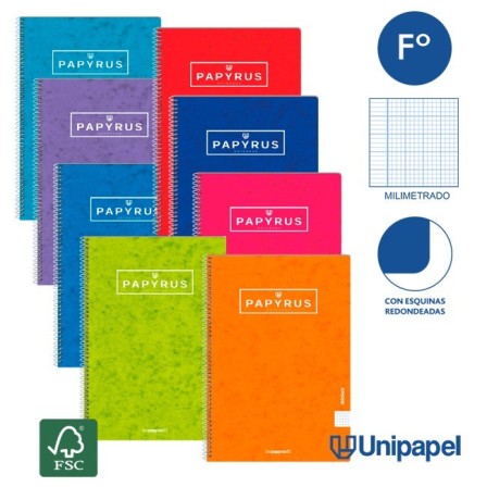 CUADERNO ESPIRAL  TAPA CONTRACOLADA PAPYRUS03-UNICLASIC - FOLIO - 80H - MILIMETRADO - 90G - COLORES SURTIDOS