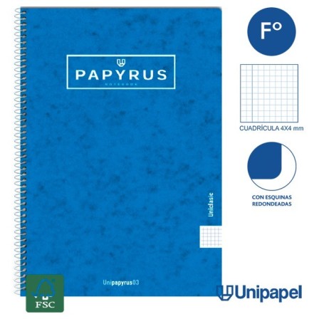 CUADERNO ESPIRAL  TAPA CONTRACOLADA PAPYRUS03-UNICLASIC - FOLIO - 80H - CUADRÍCULA 4MM - 90G - COLORES SURTIDOS