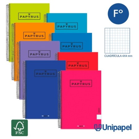 CUADERNO ESPIRAL  TAPA EXTRADURA    PAPYRUS04-UNICLASIC - FOLIO - 80H - CUADRÍCULA 4MM - 90G - COLORES SURTIDOS