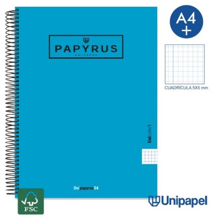 CUADERNO ESPIRAL  TAPA EXTRADURA    PAPYRUS04-UNICOLOR1 - A4+ - 80H - CUADRÍCULA 5MM - 90G - COLORES SURTIDOS