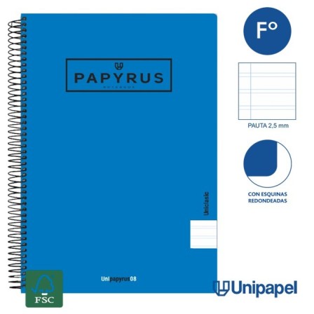 CUADERNO ESPIRAL  TAPA  POLIPROPILENO  PAPYRUS08-UNICLASIC - FOLIO - 80H - PAUTA 2,5 - 90G - COLORES SURTIDOS
