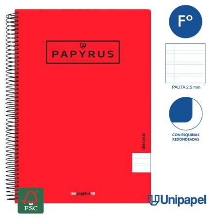 CUADERNO ESPIRAL  TAPA  POLIPROPILENO  PAPYRUS08-UNICLASIC - FOLIO - 80H - PAUTA 2,5 - 90G - COLORES SURTIDOS