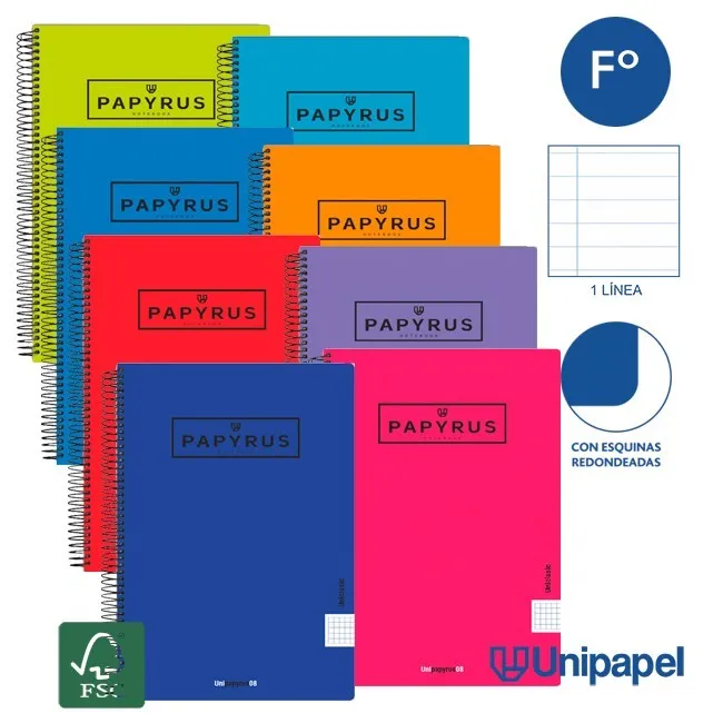 CUADERNO ESPIRAL  TAPA  POLIPROPILENO  PAPYRUS08-UNICLASIC - FOLIO - 80H - 1 LINEA - 90G - COLORES SURTIDOS