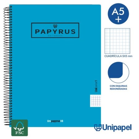 CUADERNO ESPIRAL  TAPA  POLIPROPILENO  PAPYRUS08-UNICOLOR1 - A4+ - 80H - CUADRÍCULA 5MM - 90G - COLORES SURTIDOS