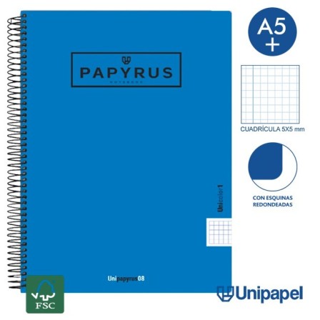 CUADERNO ESPIRAL  TAPA  POLIPROPILENO  PAPYRUS08-UNICOLOR1 - A4+ - 80H - CUADRÍCULA 5MM - 90G - COLORES SURTIDOS