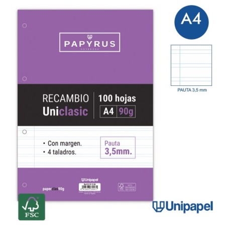 RECAMBIOS PAPYRUS-UNICLASIC -A4-100H-PAUTA 3,5MM-90G-CON MARGEN