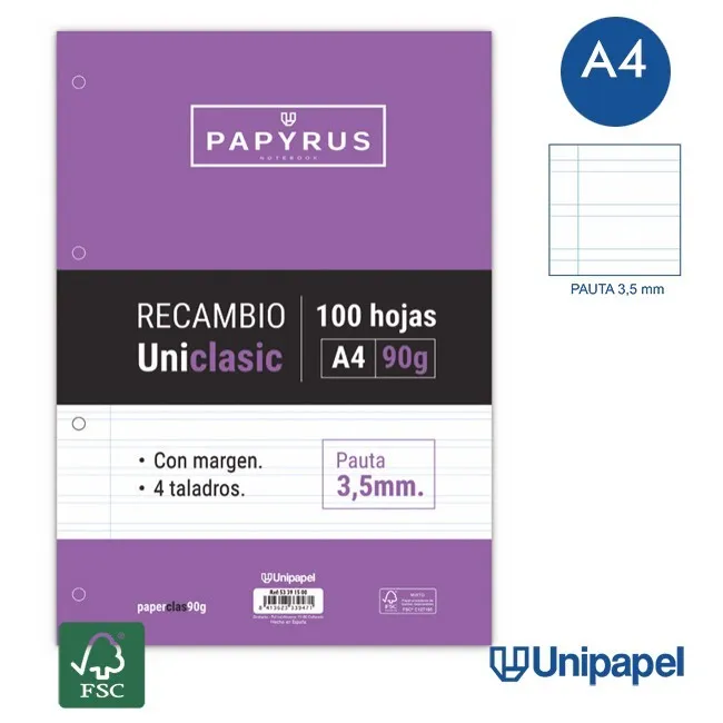 RECAMBIOS PAPYRUS-UNICLASIC -A4-100H-PAUTA 3,5MM-90G-CON MARGEN
