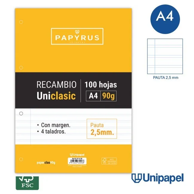 RECAMBIOS PAPYRUS-UNICLASIC -A4-100H-PAUTA 2,5MM-90G-CON MARGEN