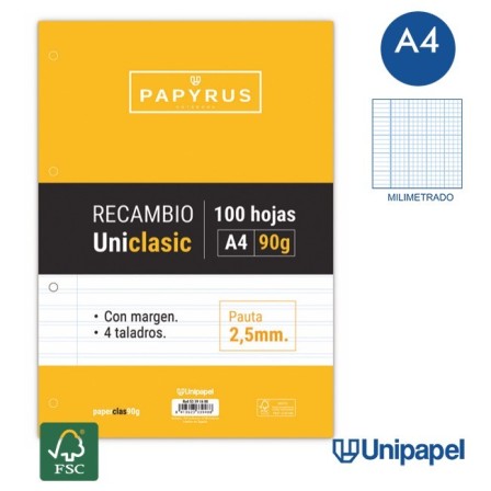 RECAMBIOS PAPYRUS-UNICLASIC -A4-100H-MILIMETRADO-90G-CON MARGEN