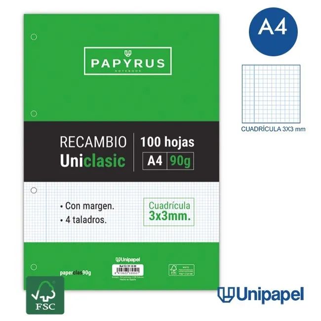 RECAMBIOS PAPYRUS-UNICLASIC -A4-100H-CUADRÍCULA 3MM-90G-CON MARGEN