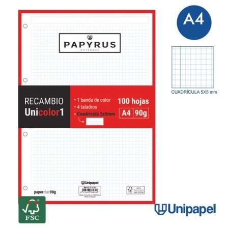 RECAMBIOS PAPYRUS-UNICOLOR1 -A4-100H-CUADRÍCULA 5MM-90G-1 BANDA DE COLOR-ROJO