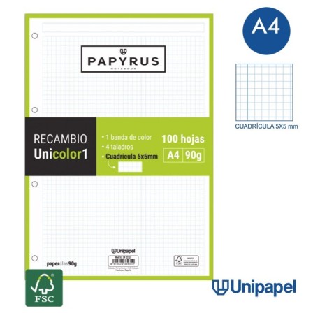 RECAMBIOS PAPYRUS-UNICOLOR1 -A4-100H-CUADRÍCULA 5MM-90G-1 BANDA DE COLOR-COLORES SURTIDOS
