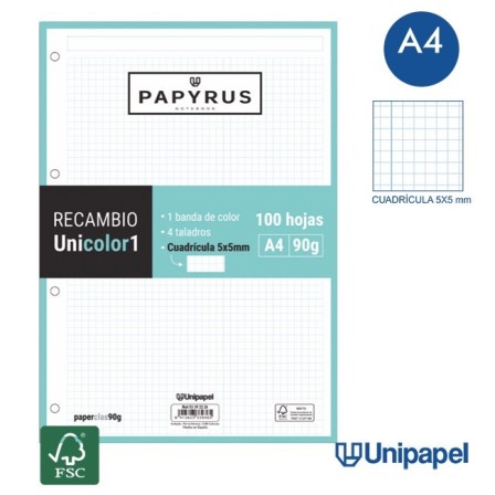 RECAMBIOS PAPYRUS-UNICOLOR1 -A4-100H-CUADRÍCULA 5MM-90G-1 BANDA DE COLOR-COLORES SURTIDOS