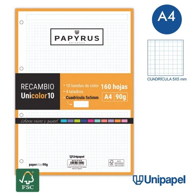 RECAMBIOS PAPYRUS-UNICOLOR10 -A4-160H-CUADRÍCULA 5MM-90G-SIN MARGEN
