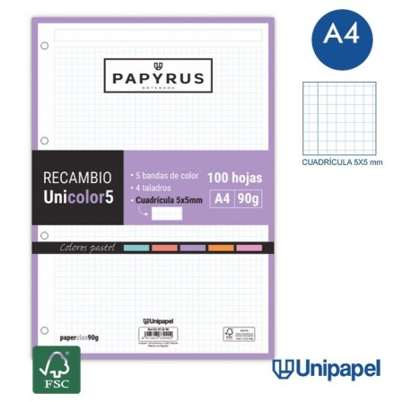 RECAMBIOS PAPYRUS-UNICOLOR5 -A4-100H-CUADRÍCULA 5MM-90G-SIN MARGEN-COLORES PASTEL