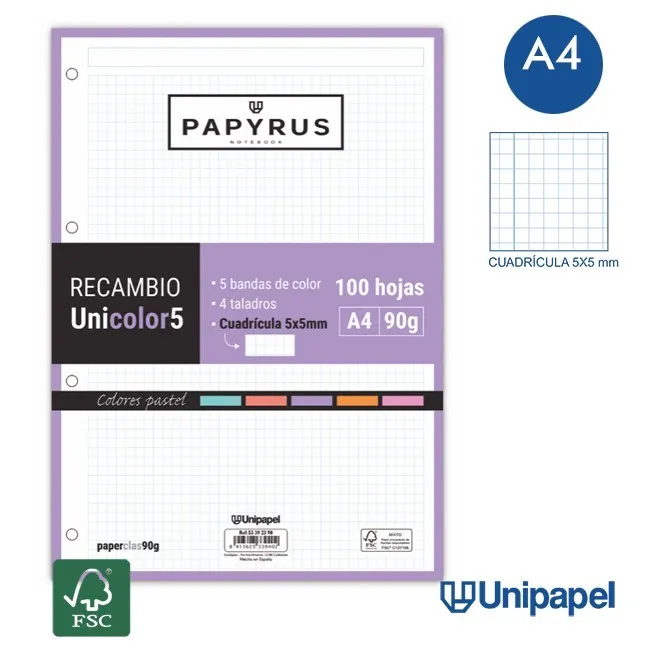 RECAMBIOS PAPYRUS-UNICOLOR5 -A4-100H-CUADRÍCULA 5MM-90G-SIN MARGEN-COLORES PASTEL