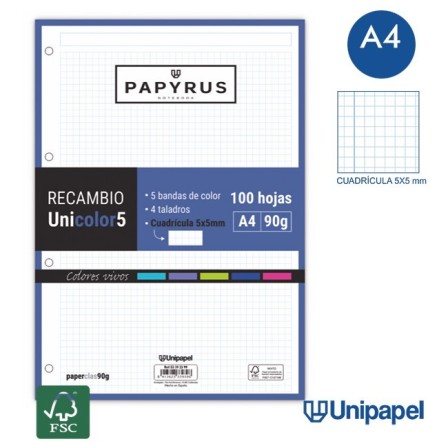 RECAMBIOS PAPYRUS-UNICOLOR5 -A4-100H-CUADRÍCULA 5MM-90G-SIN MARGEN-COLORES VIVOS