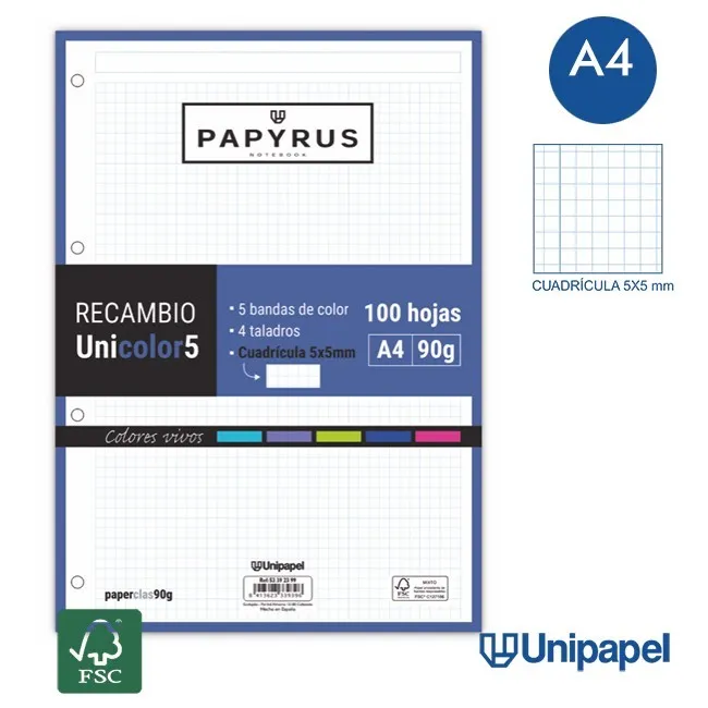 RECAMBIOS PAPYRUS-UNICOLOR5 -A4-100H-CUADRÍCULA 5MM-90G-SIN MARGEN-COLORES VIVOS