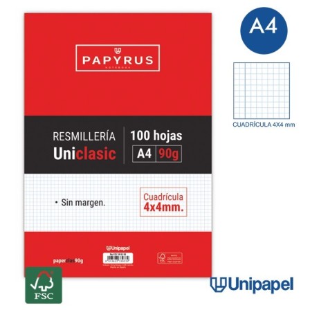 RESMILLERÍA PAPYRUS-UNICLASIC -A4-100H-CUADRÍCULA 4MM-90G-SIN MARGEN