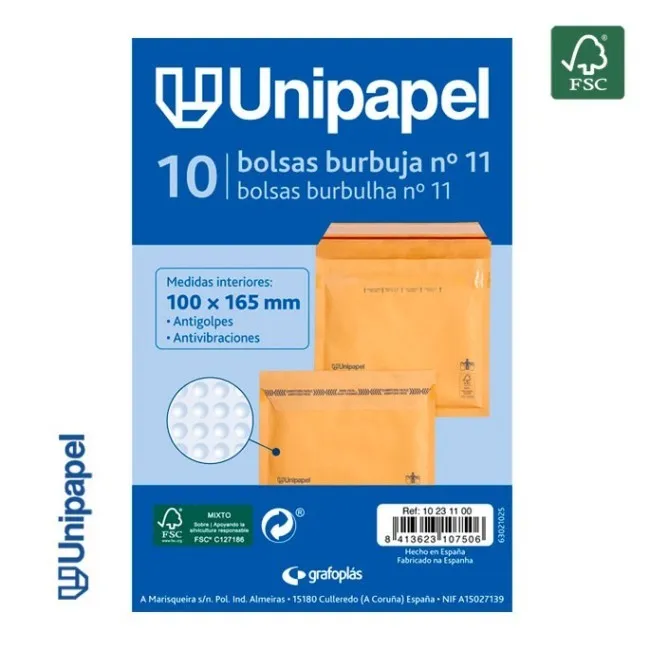 PAQUETE 10 BOLSAS BURBUJA N. 11 100X165 MM 75 G FSC UNIPAPEL