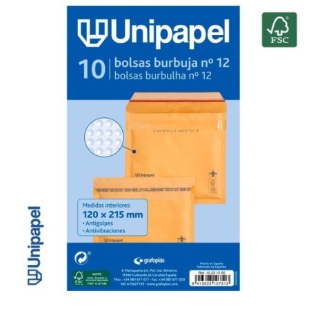 PAQUETE 10 BOLSAS BURBUJA N. 12 120X215 MM 75 G FSC UNIPAPEL