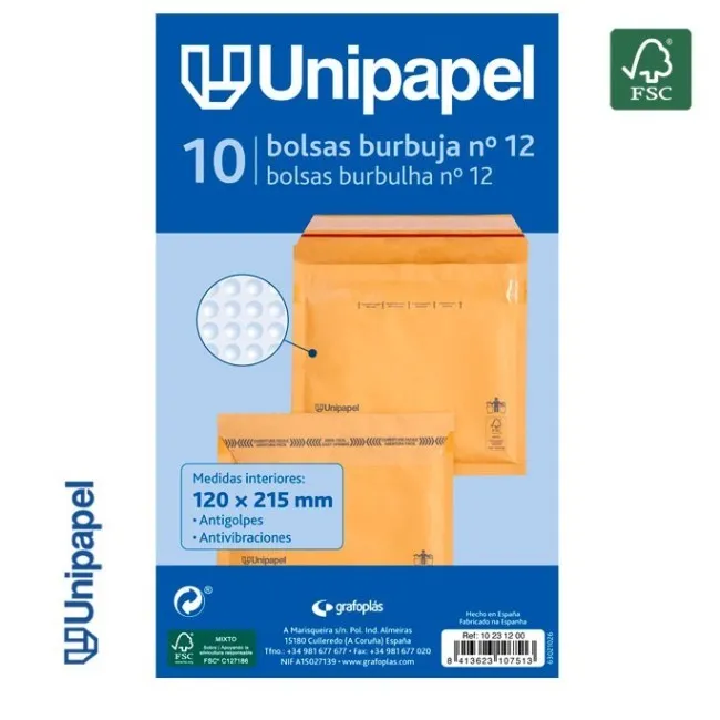 PAQUETE 10 BOLSAS BURBUJA N. 12 120X215 MM 75 G FSC UNIPAPEL